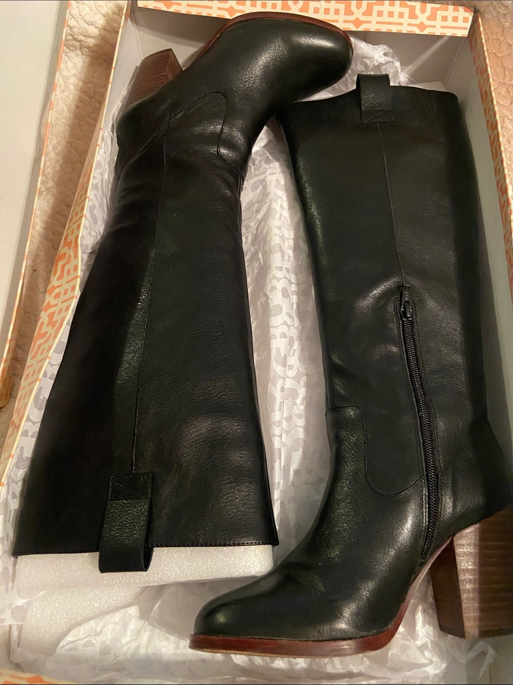 Gianni Bini Black Leather Knee-High Block Heel Boots with Brown Wood Heel